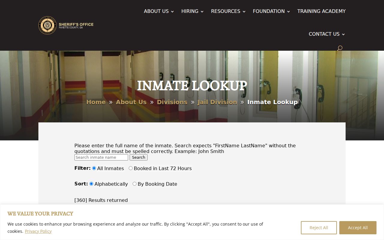 Fayette County Sheriff inmate lookup page