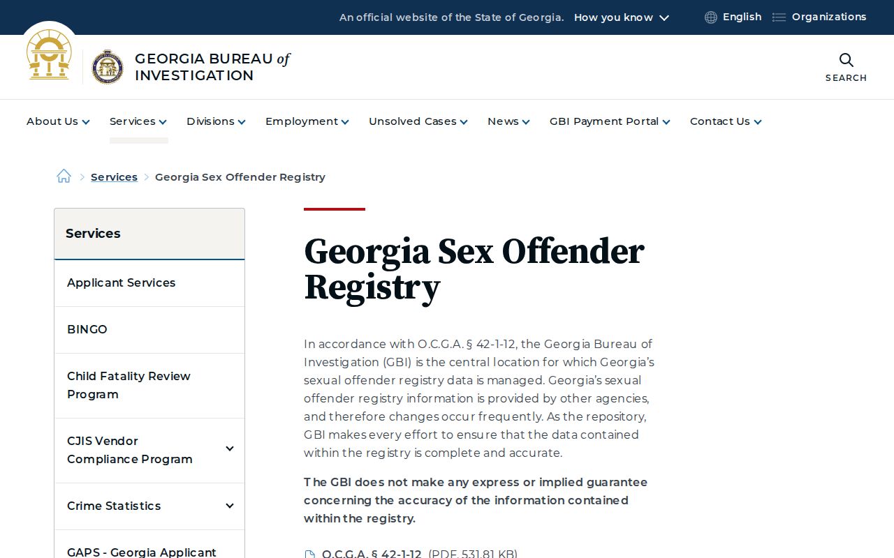 GBI Georgia Sex Offender Registry authority and accuracy disclaimer
