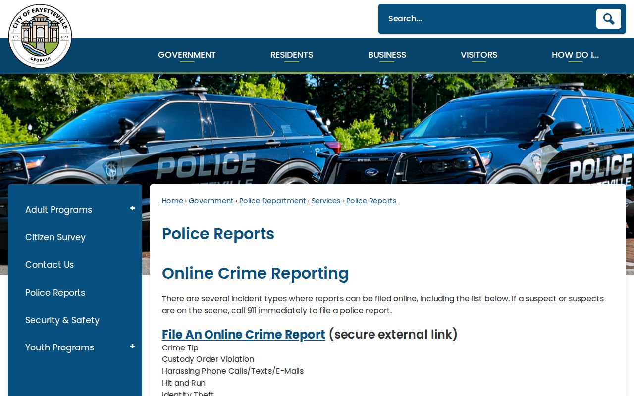 Fayetteville Police online report categories and crash report channels