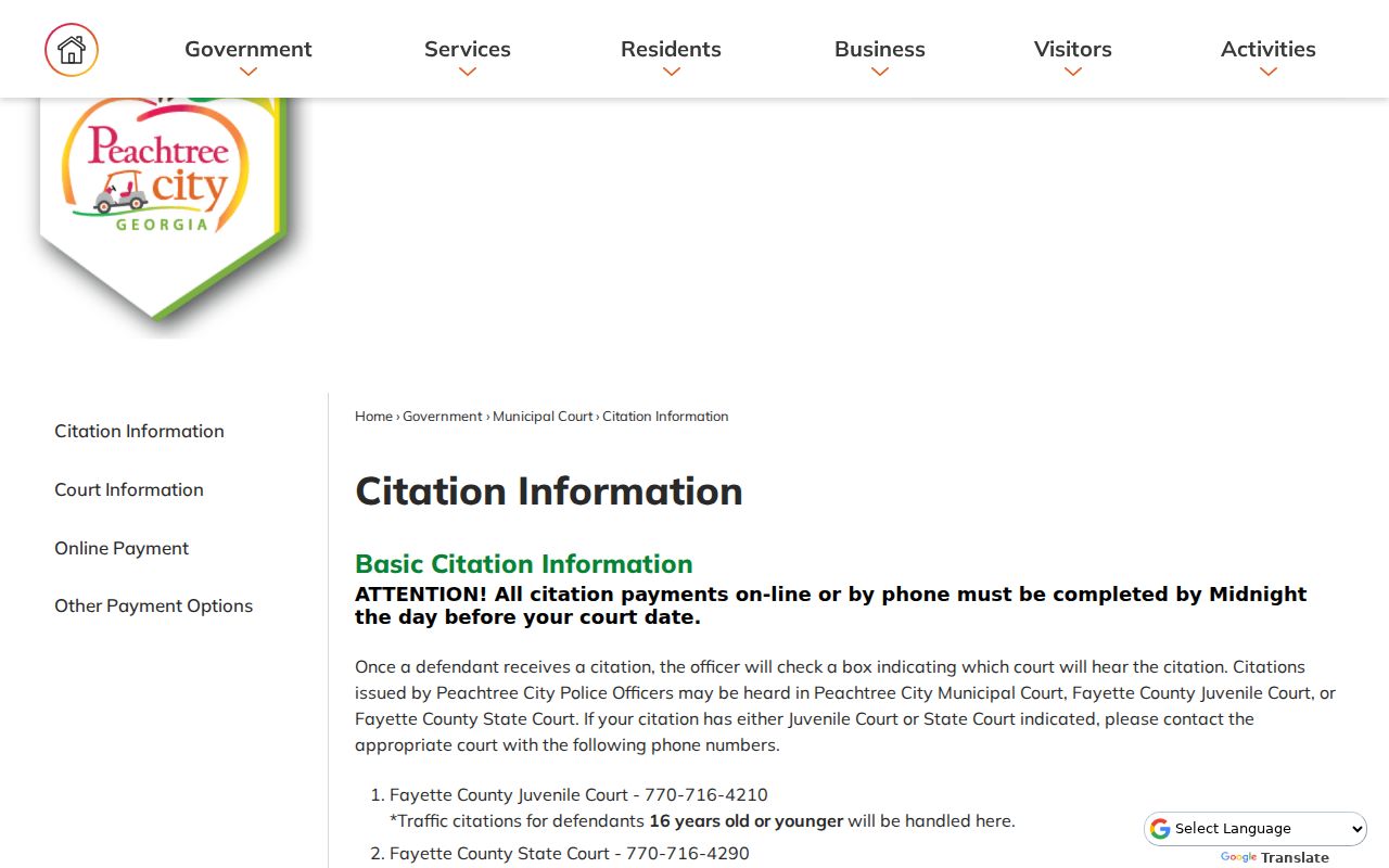 Peachtree City citation page showing three possible courts