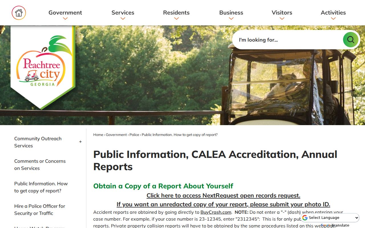 Peachtree City police NextRequest and crash report directions