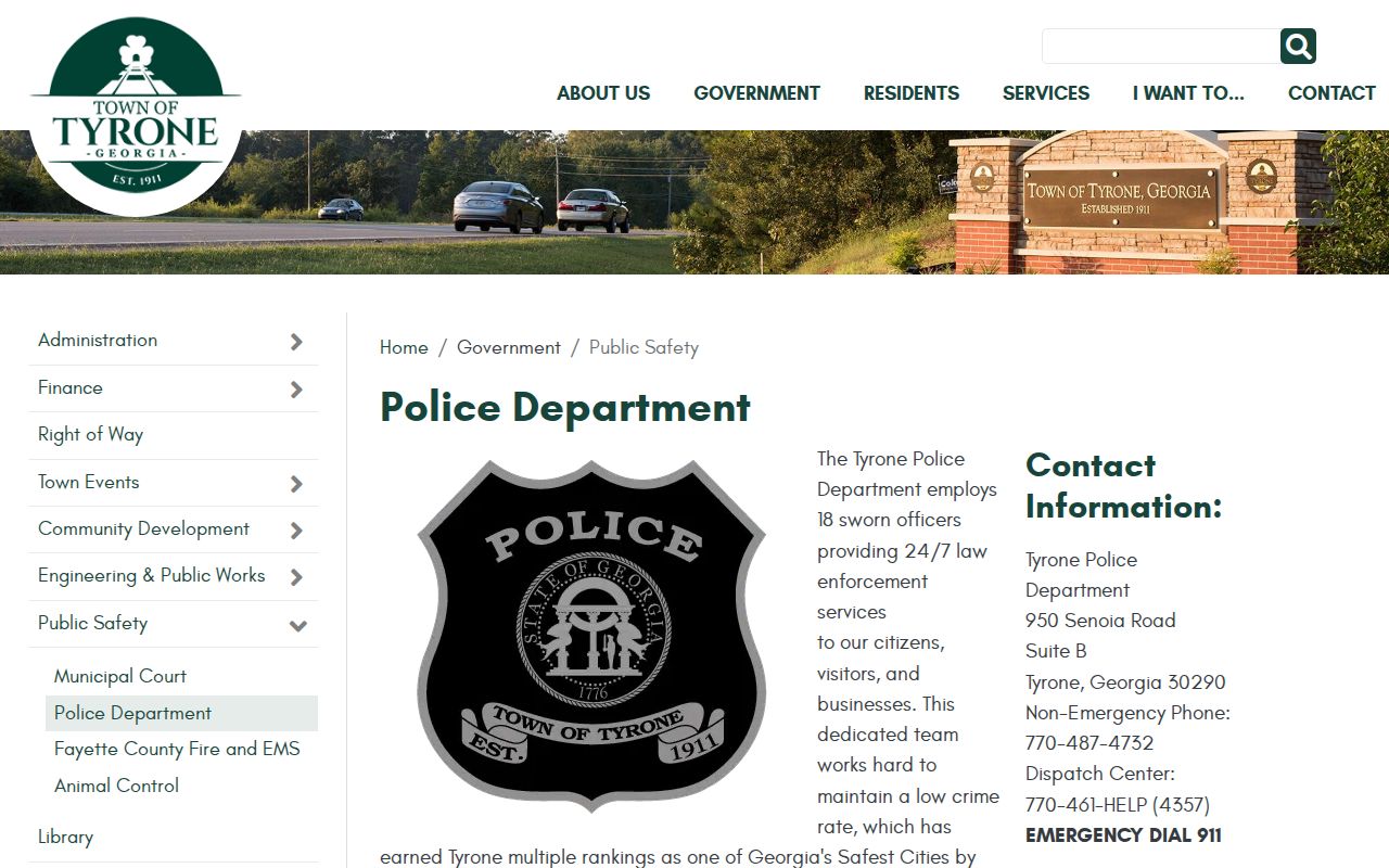 Official Tyrone Police Department page and contact information